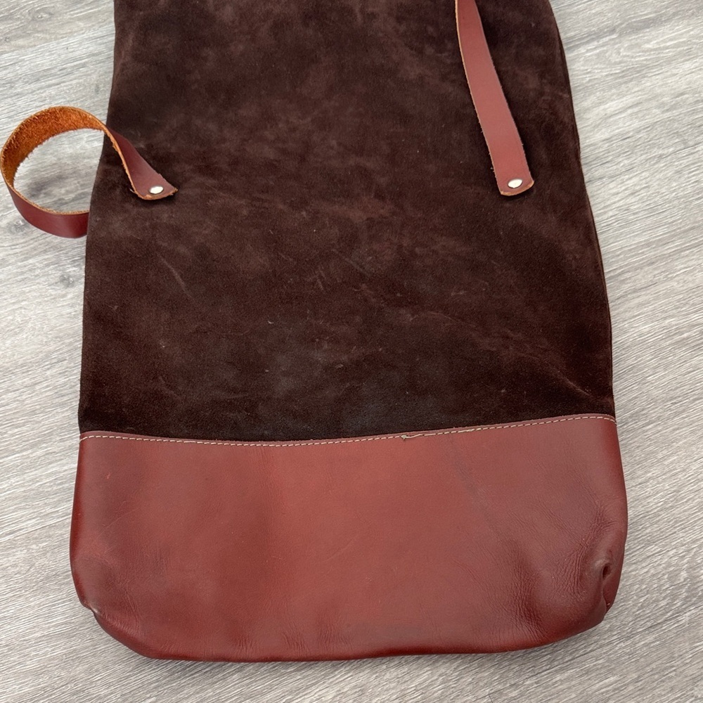 Handmade Suede and Leather Brown and Burgundy Fold Over Slouchy Bucket Bag - Picture 7 of 14
